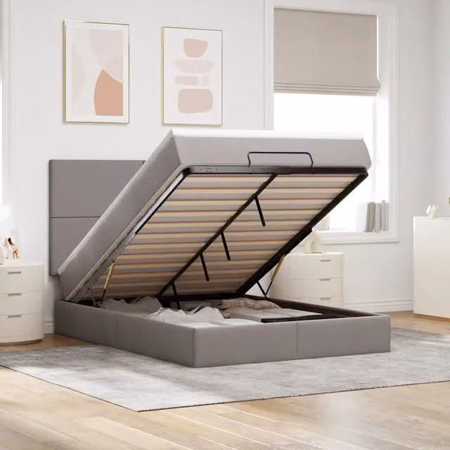 Letto con contenitore a sollevamento vidaXL in tessuto beige e grigio L: 140 cm, P: 200 cm, H: 128 cm