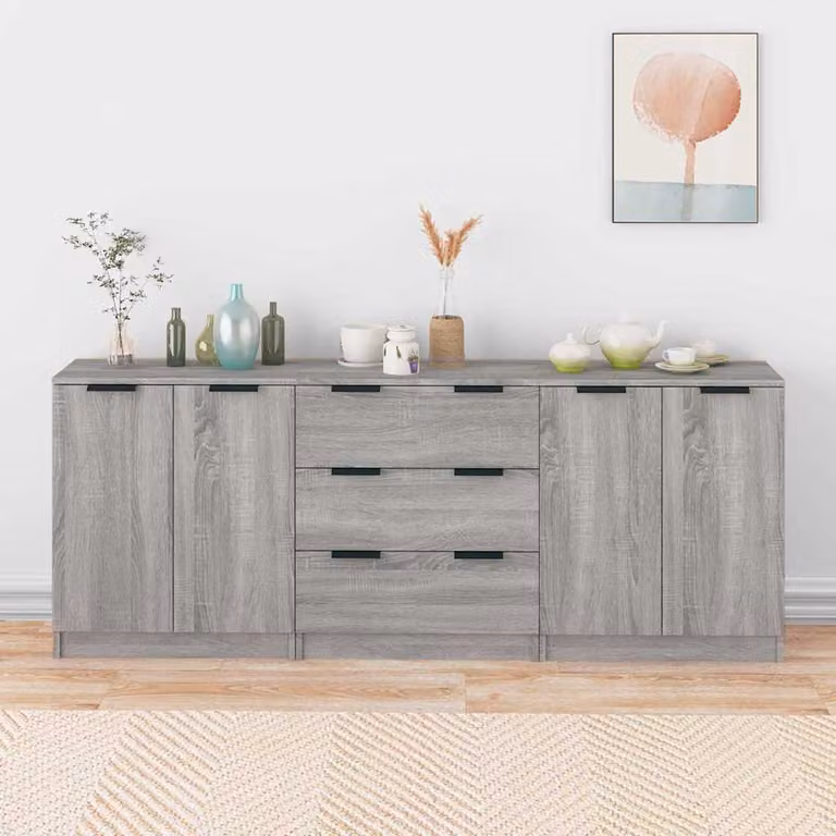 Set di 3 credenze vidaXL in legno multistrato, colore grigio, design minimalista per sala da pranzo