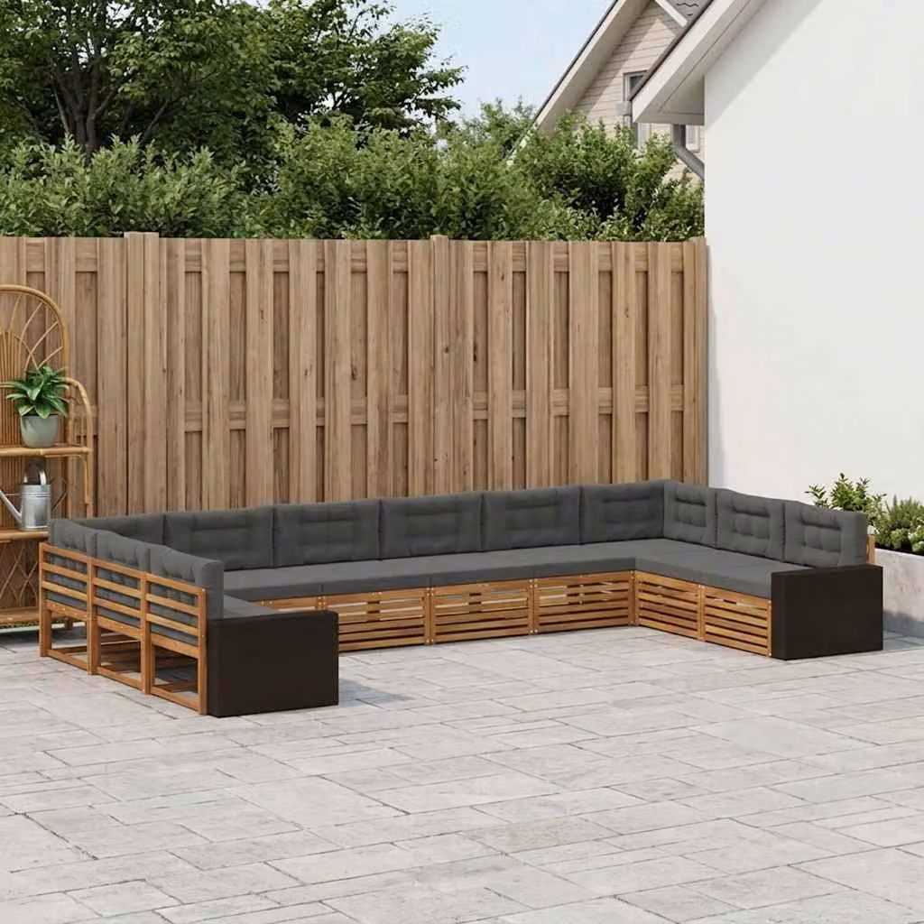 Set di divani da giardino vidaXL in legno di acacia massello con cuscini, forma a L, 10 pezzi, marrone e grigio