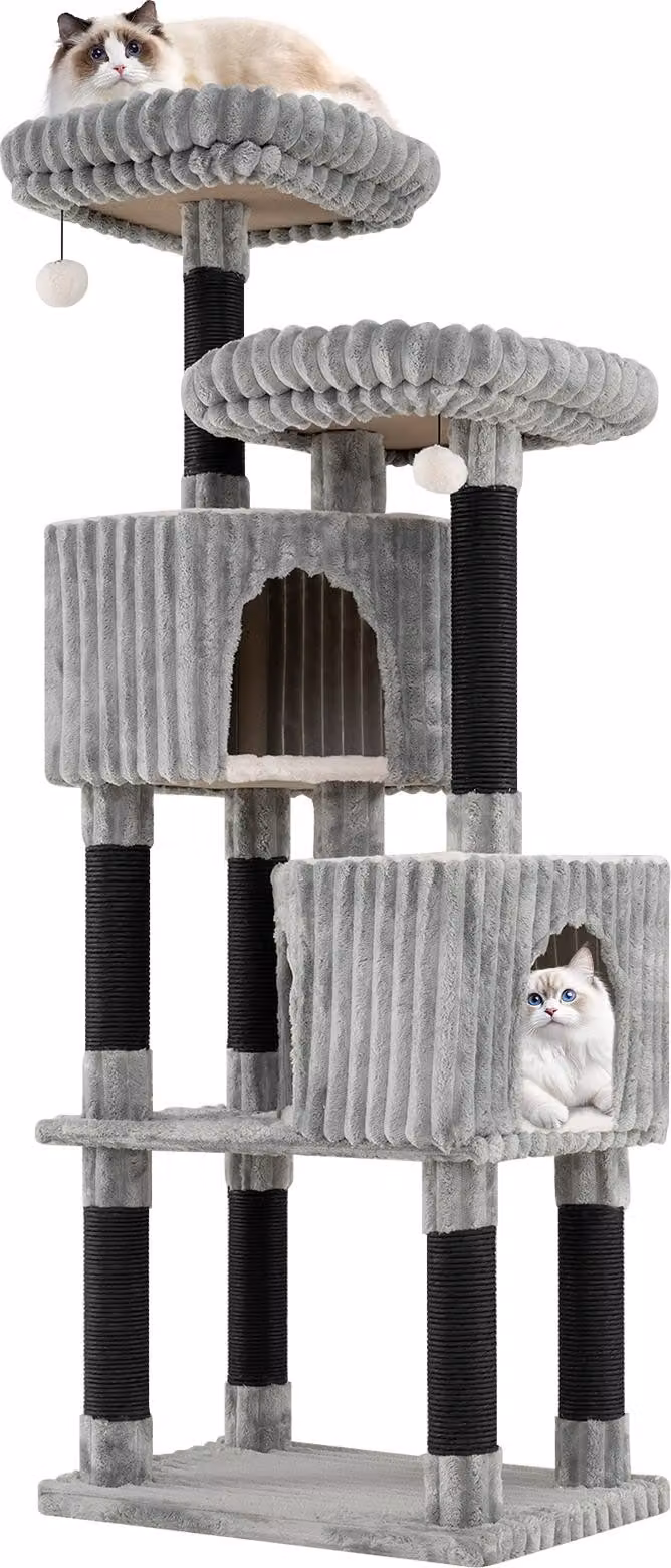 COSTWAY tiragraffi grande, 156 cm, albero per gatti con 2 grotte per gatti, base grande, 2 lettini, paletto e palla in sisal, tiragraffi per gatti in flanella, grigio + nero
