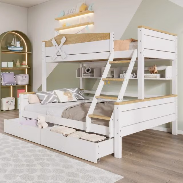 Letto a castello WISHDOR per bambini con design a casetta, bianco laccato, con cassetti e scala inclinata, L/P/H: 205 x 120 x 155 cm