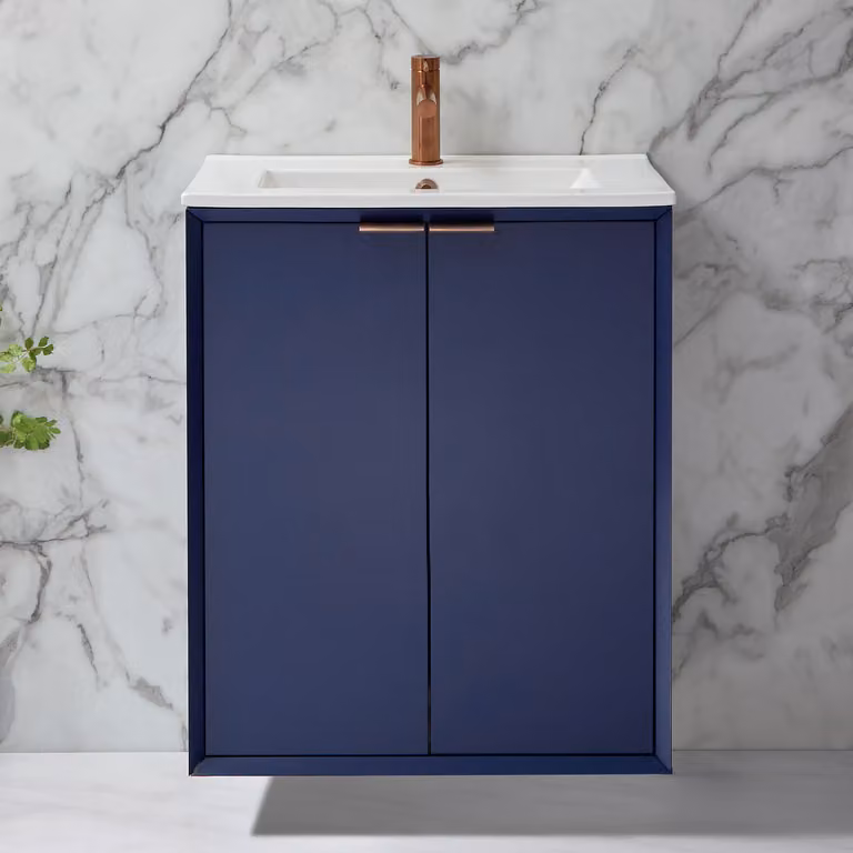 Mobile Bagno Sospeso Blu Marino 610mm con Lavabo e Maniglie con Impugnatura a Dito in Rame Satinato - Edge