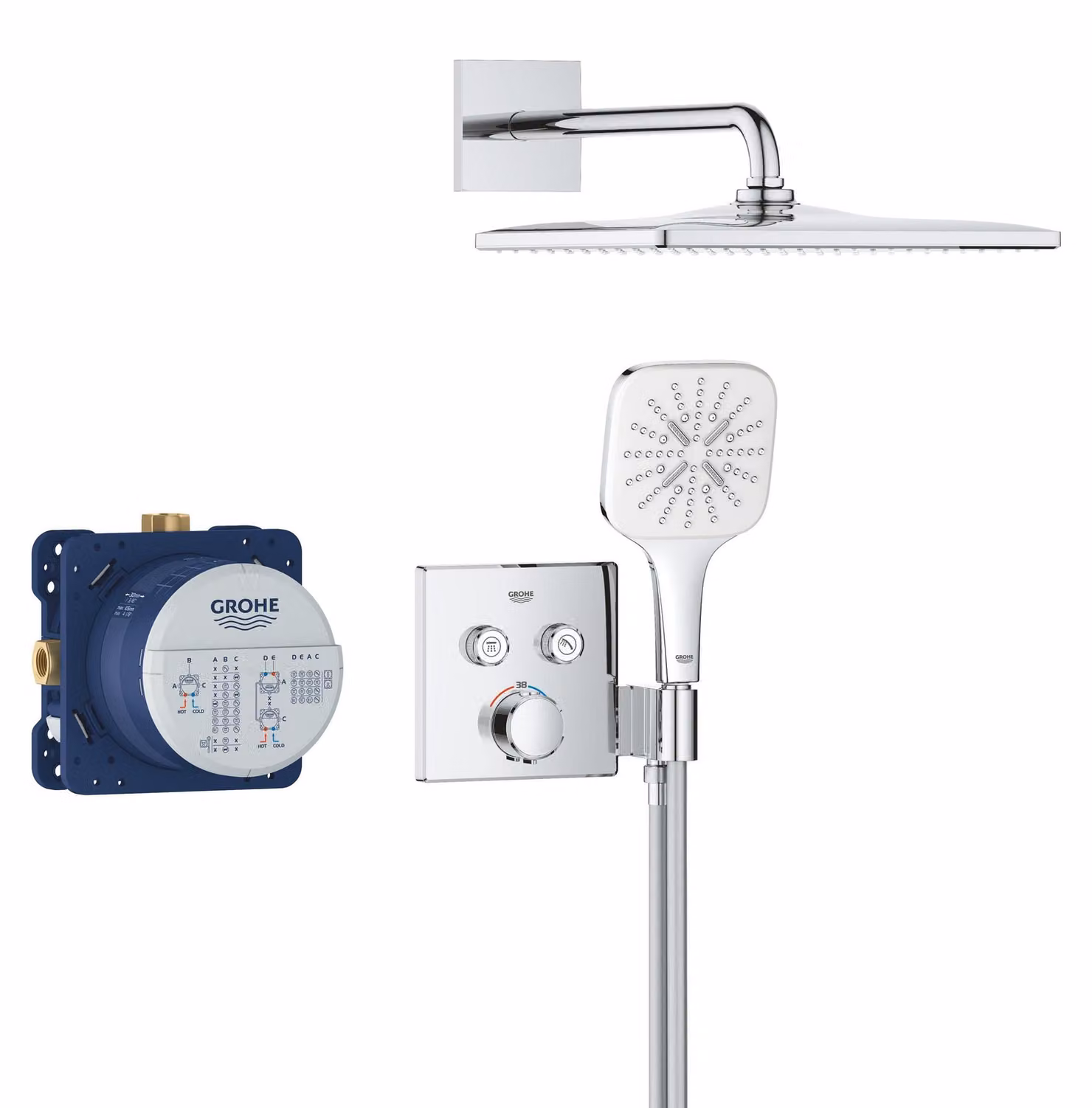 Sistema doccia Inbau da 31 cm, soffione a pioggia con termostato, forma quadrata, finitura cromata