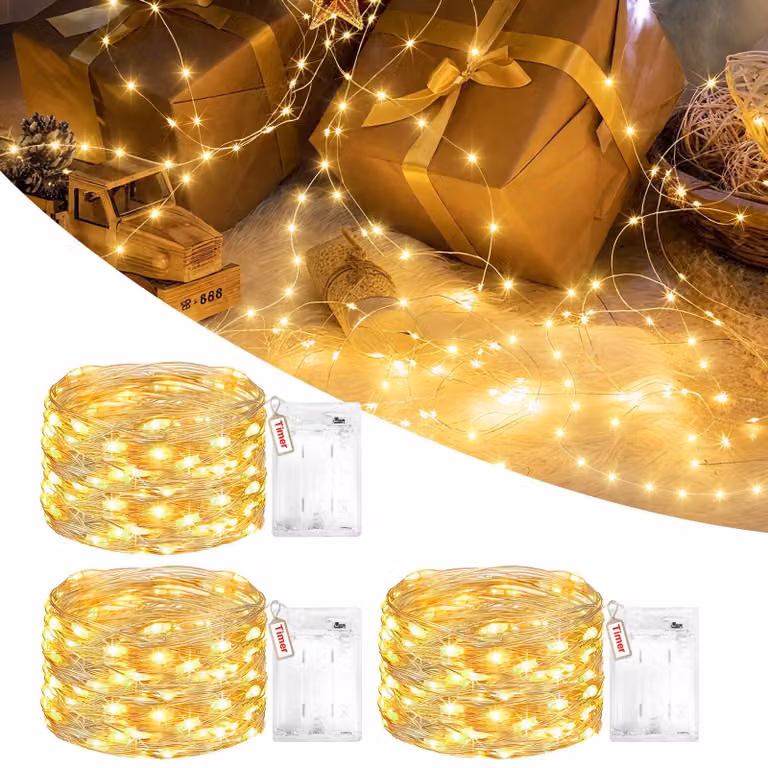Set di 3 catene luminose, luce bianco caldo, 3 metri, 30 LED, con timer, alimentazione a batteria