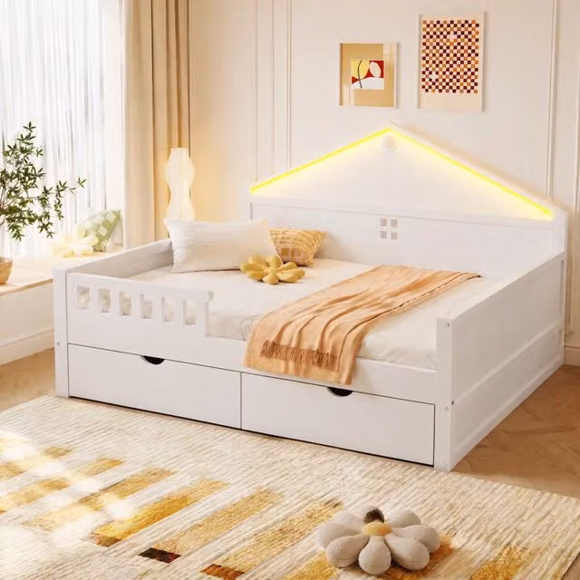 Letto singolo 140 × 200 cm con 2 cassetti e luce LED controllabile da smartphone, senza materasso, bianco