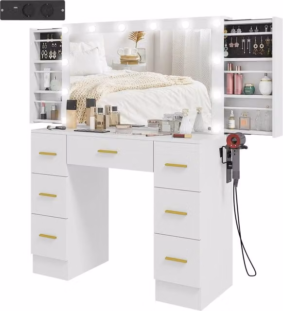 Scrivania trucco con specchio e 12 LED ¨C Minimal ¨C 7 cassetti, 6 scomparti nascosti, bianco