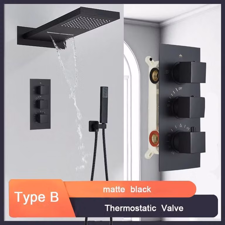 Rubinetto termostatico per bagno - Set doccia a soffitto da incasso - Sistema doccia a cascata - Ottone - Miscelatore monocomando caldo/freddo - Nero