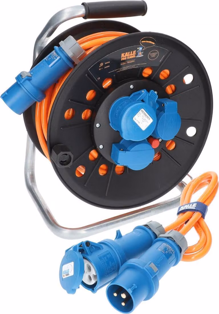 KALLE DAS KABEL Avvolgicavo CEE da campeggio H07BQ-F 3G 2,5 mm² 25 metri 230V 16A classe di protezione IP44 + cavo di collegamento 1,5 metri EXTREME SIGNAL ORANGE avvolgicavo da campeggio cavo caravan avvolgicavo caravan