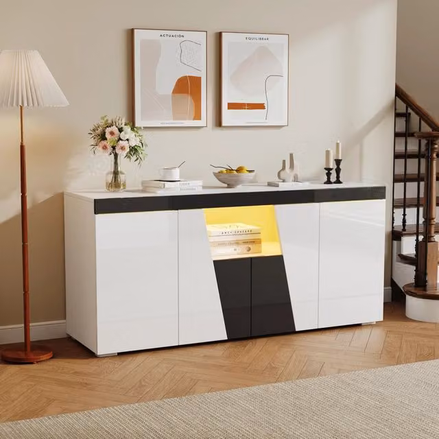 Credenza con 4 ante e ripiani regolabili, LED controllato da app, per soggiorno, bianco e nero, 140 × 40 × 65 cm