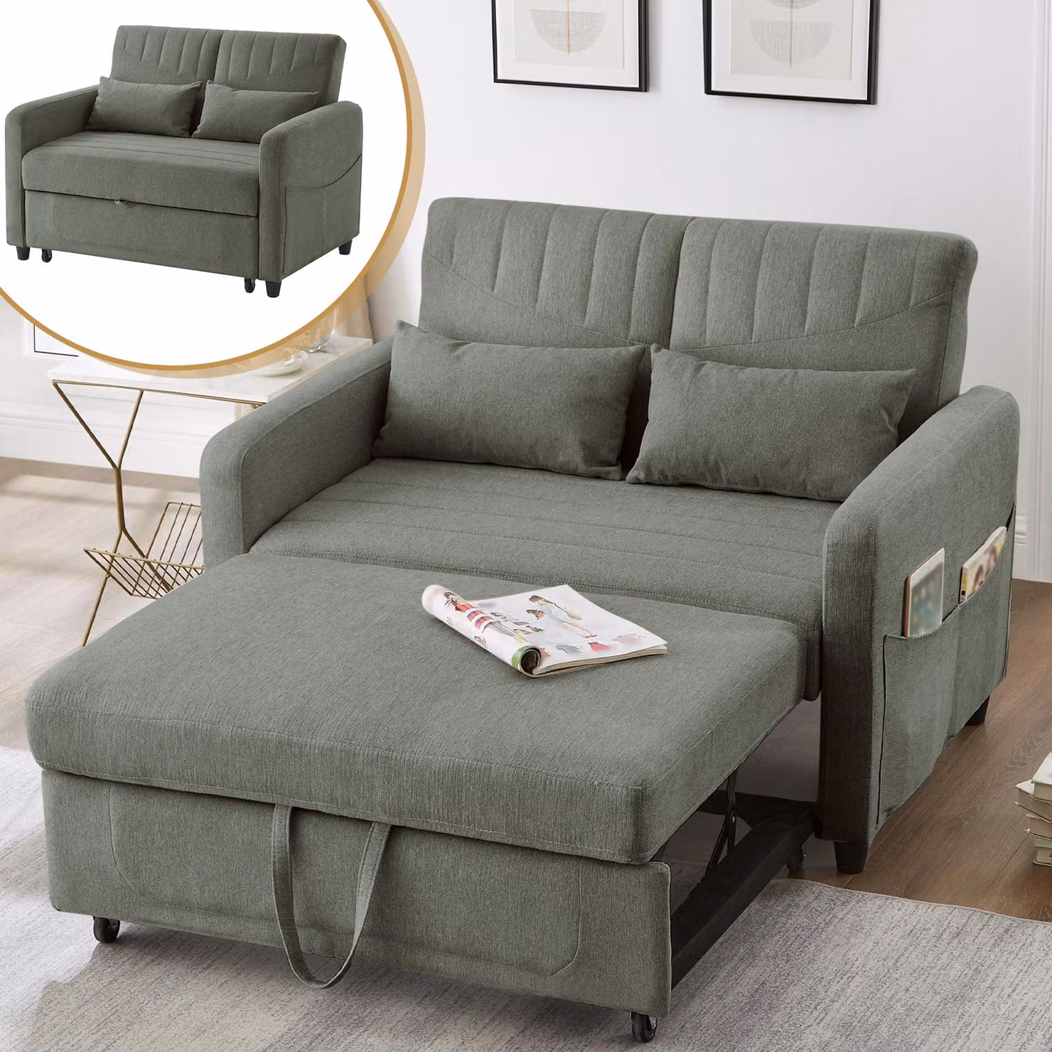 Divano letto allungabile Merax 2 in 1 con schienale regolabile a tre livelli, tessuto in cotone e lino traspirante, due posti con funzione letto, verde