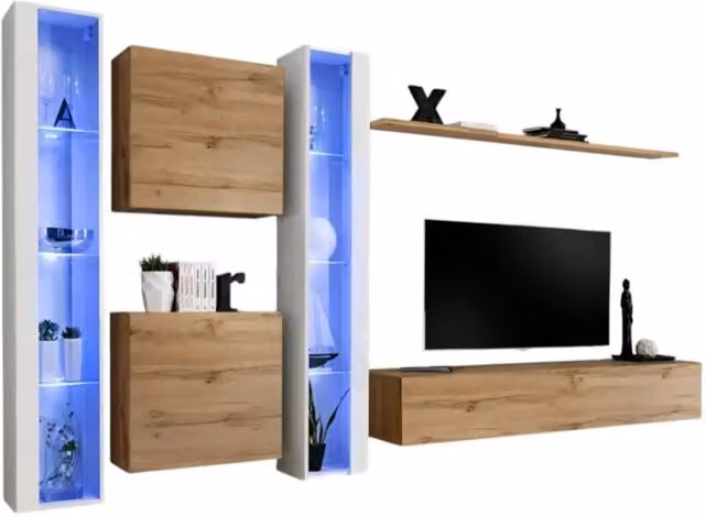 Composizione murale Meublorama SWITCH XVI con mobile TV, vetrine LED, cubi e mensola in quercia e bianco lucido L 330 x H 180 x P 40 cm
