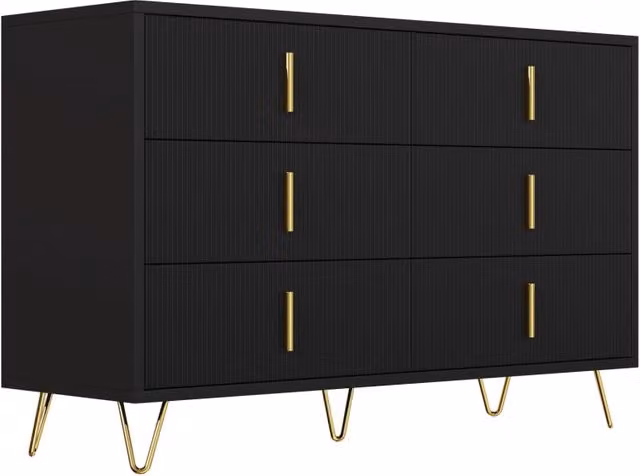 Sideboard moderno nero con maniglie e gambe dorate, 120x77x40 cm, 6 cassetti, ideale per soggiorno e sala da pranzo