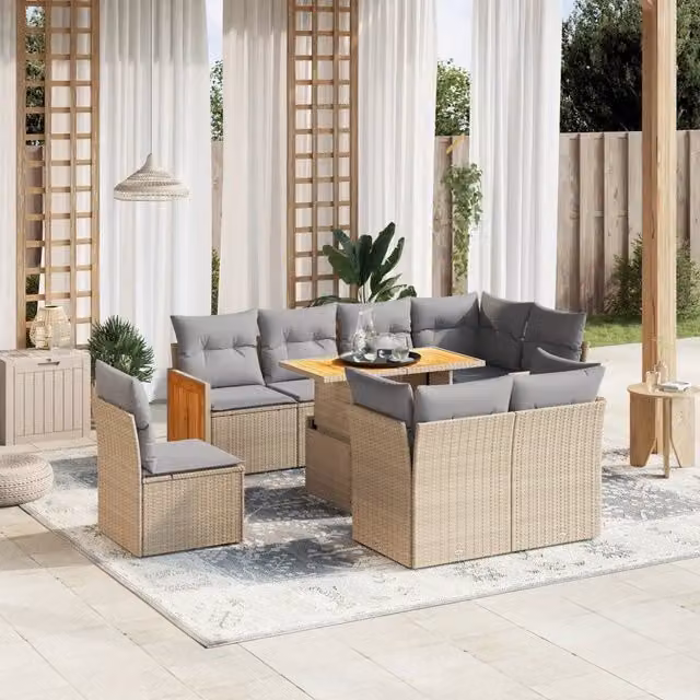 Set Divano da Giardino 9 pz con Cuscini Beige in Polyrattan 3274055