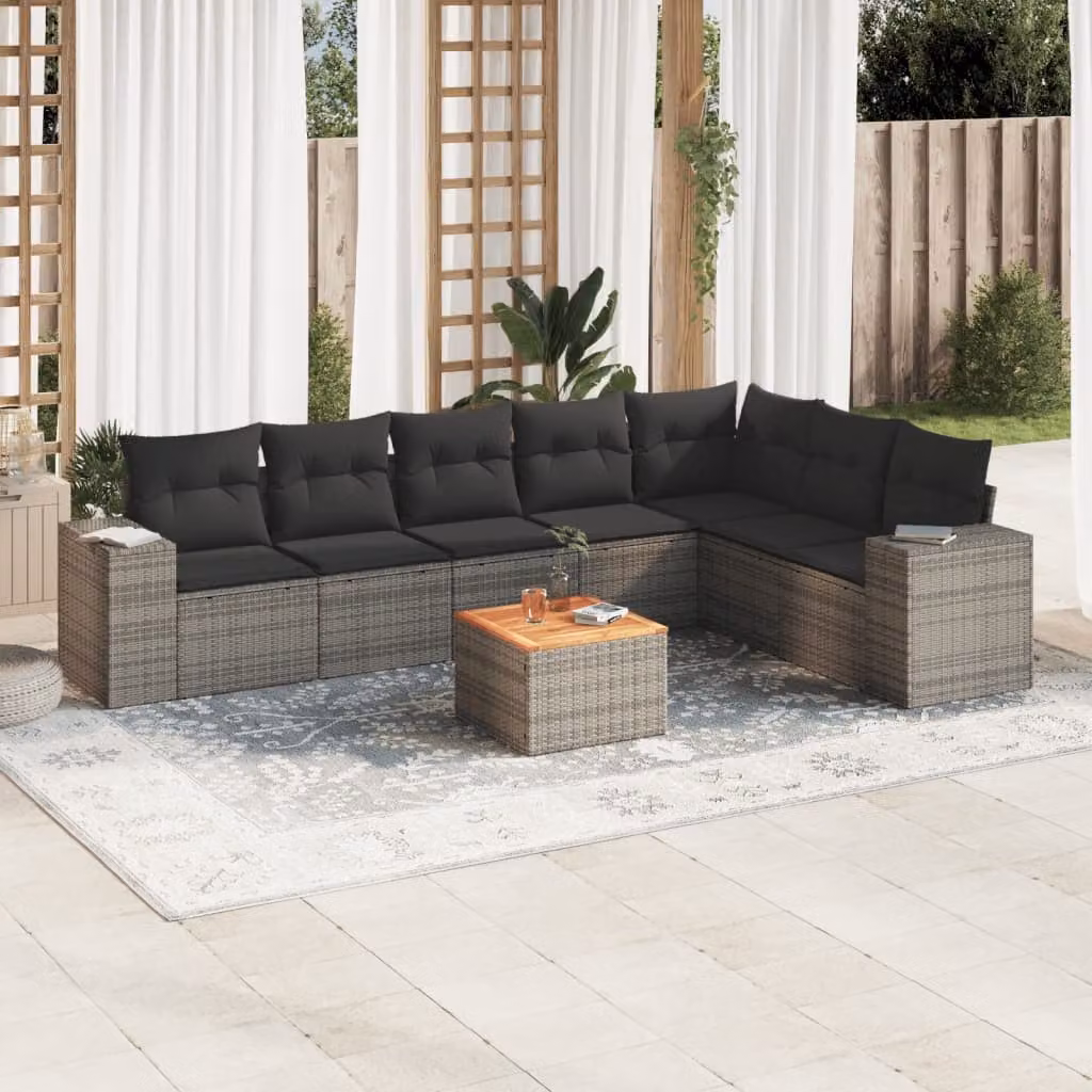 vidaXL Set Divano da Giardino a L 8 pz in Polyrattan Grigio con Cuscini e Tavolino – 1