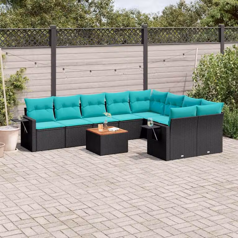 Set di divani da giardino vidaXL in polyrattan nero con cuscini blu e tavolino da esterno a forma di L