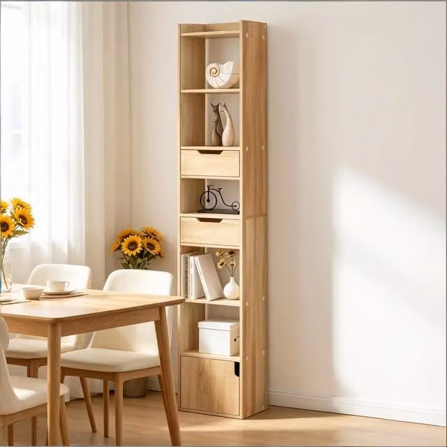 Libreria 33x24x181 cm con 6 ripiani; 2 cassetti e anta in legno rovere chiaro