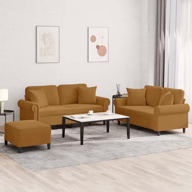 Set di divani 3 pezzi vidaXL in velluto marrone con cuscini e struttura in metallo e MDF per soggiorno moderno