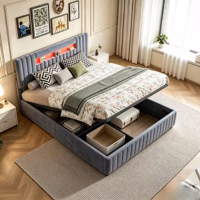 Letto matrimoniale contenitore 160x200 cm con testiera imbottita luce LED e rete a doghe struttura letto in velluto-grigio
