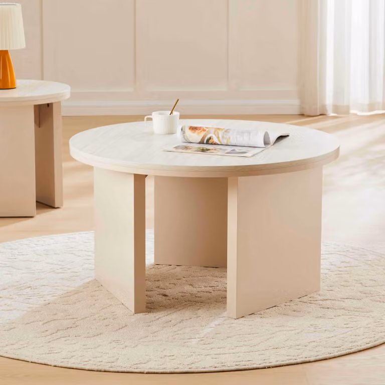 Tavolino rotondo con finitura effetto legno diam 80 cm crema - Oviala Bonny