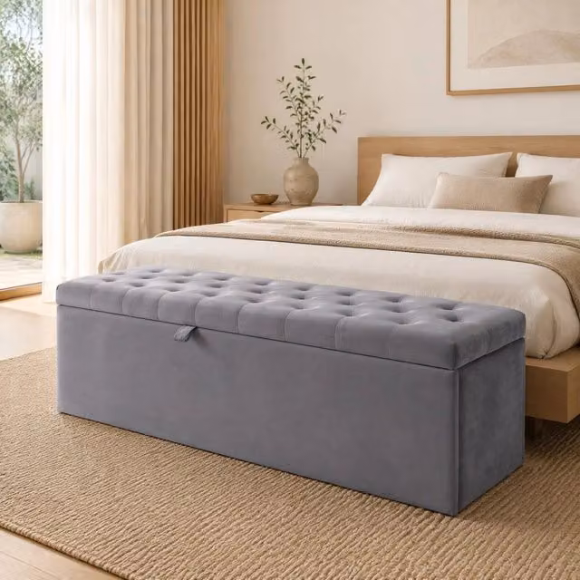 Panca contenitore 138x41x42 cm imbottita con rivestimento in velluto grigio