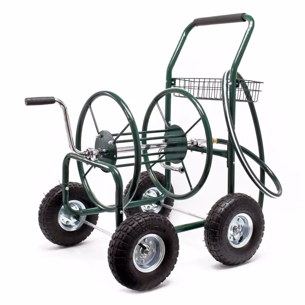 Carrello avvolgitubo XPOtool verde con 76m di tubo da 16mm e raccordo da 19mm in acciaio e acciaio inossidabile con 4 ruote – 2