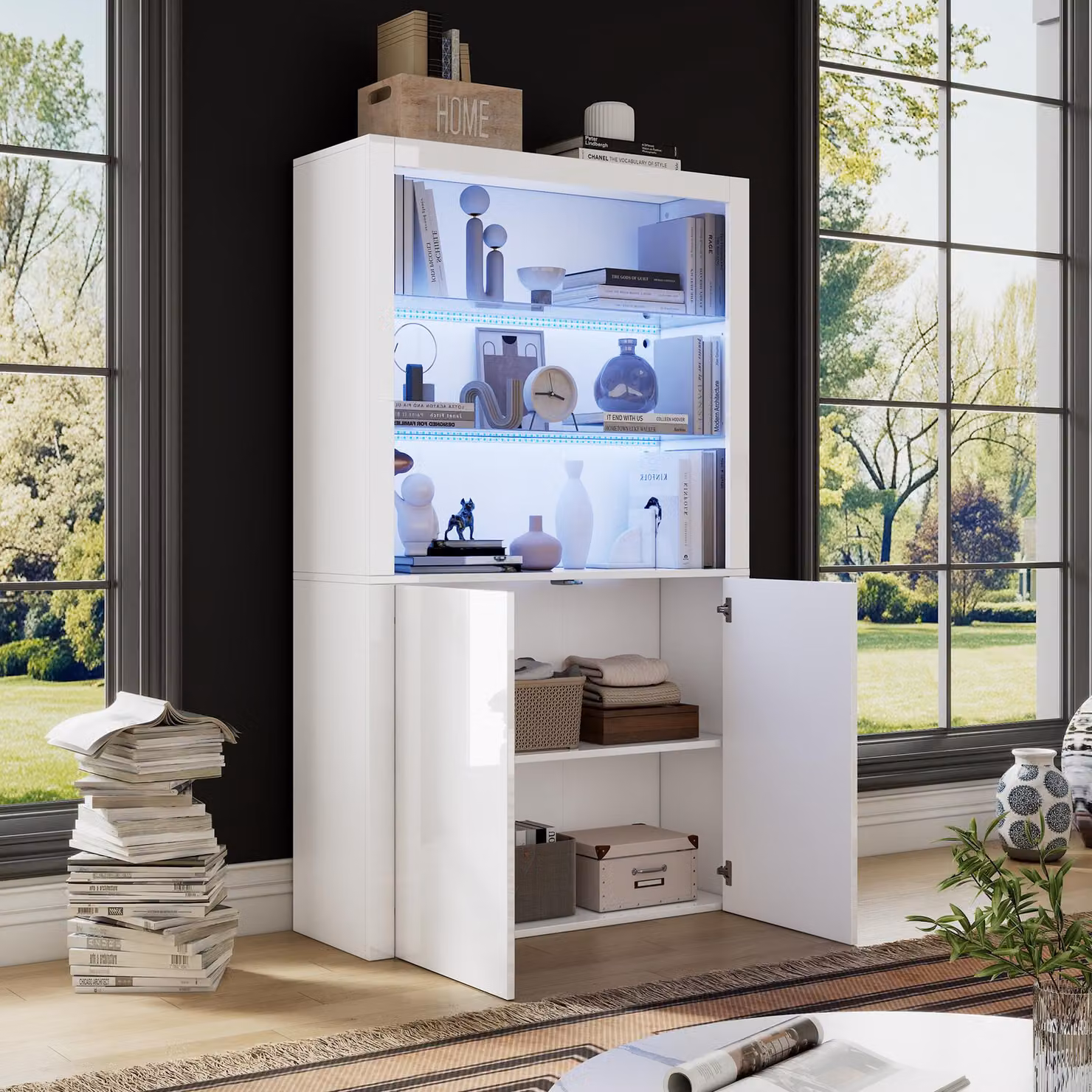 okwish Vetrina lucida Armadio da cucina con illuminazione a LED e portaoggetti, mobile verticale alto con vetro temperato, bianco