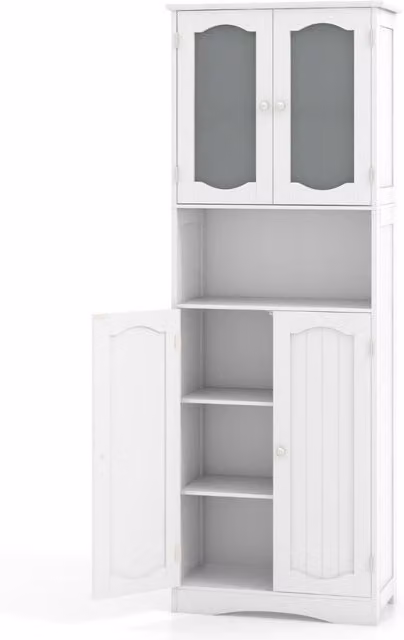 Armadio da bagno alto-Mobiletto da bagno 164cm con porte in vetro satinato e ripiani, Mobile autonomo per cucina soggiorno ufficio Bianco