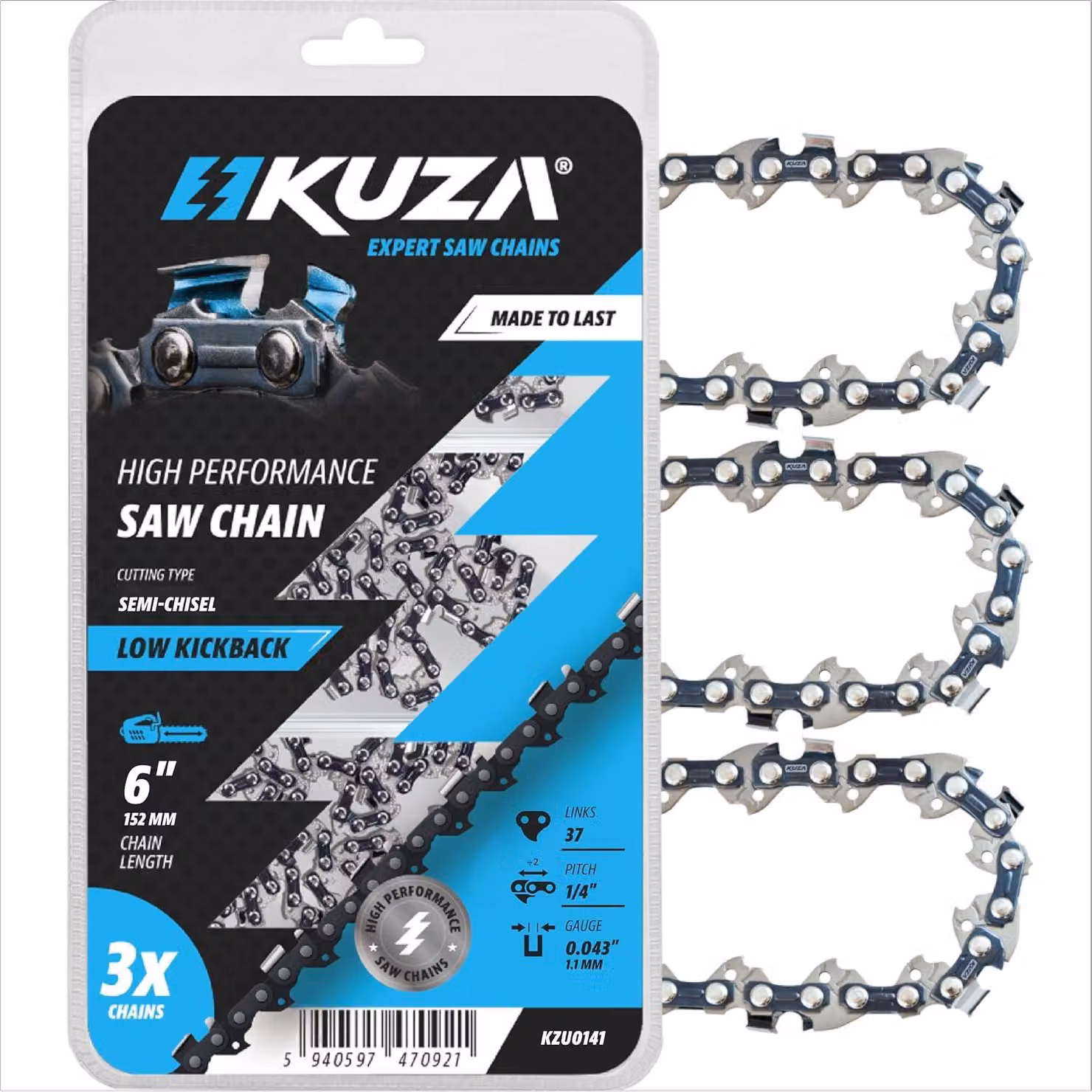 Catene per motosega, lunghezza 15 cm, passo 1/4 di pollice, calibro 0,43 pollici, confezione da 3 pezzi, per motoseghe