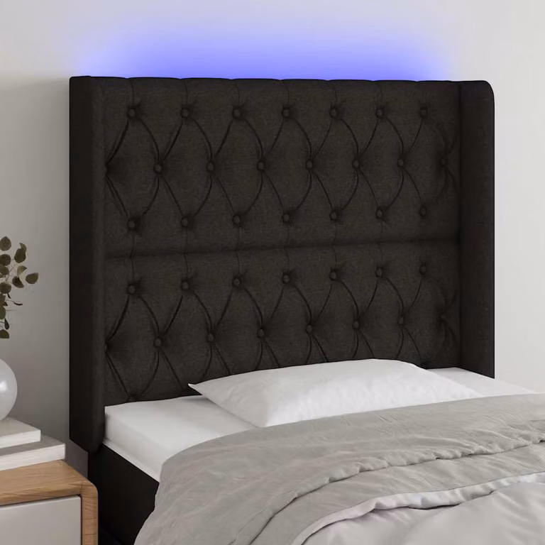 Testiera per letto vidaXL in tessuto nero con illuminazione LED e porta di ricarica USB, L 93 cm, P 16 cm, H 118-128 cm