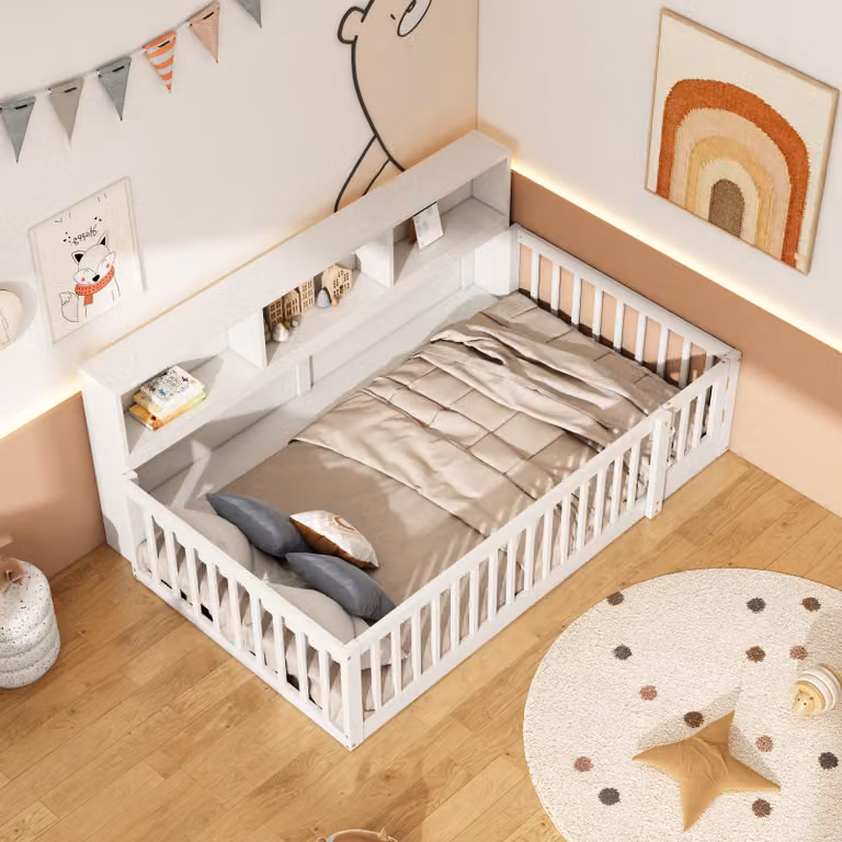 okwish letto pieghevole/divano letto 90x200 cm con rete a doghe, letto a terra per bambini con contenitore, letto in legno con sponde (senza materasso) - bianco