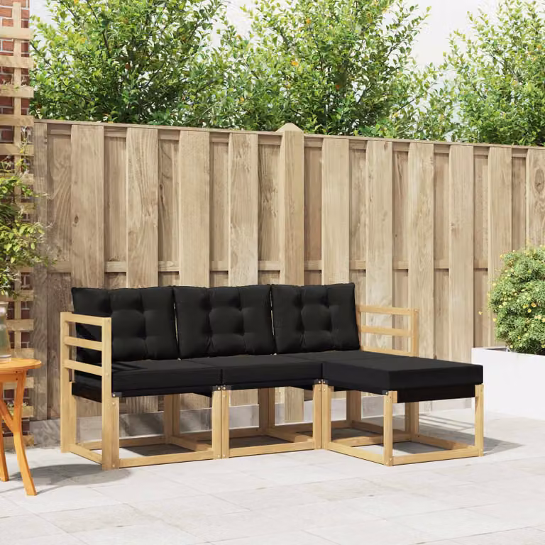 vidaXL Set di divani da esterno 4 pz in legno di acacia e textilene, composizione a L con pouf, Bianco, Nero e Marrone