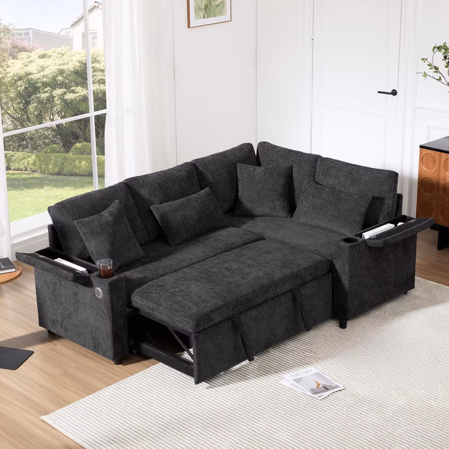 Divano angolare Merax, divano a L con funzione letto, box letto, 4 cuscini, vassoio per braccioli, portabicchieri, USB, divano letto, divano letto, ciniglia, grigio scuro