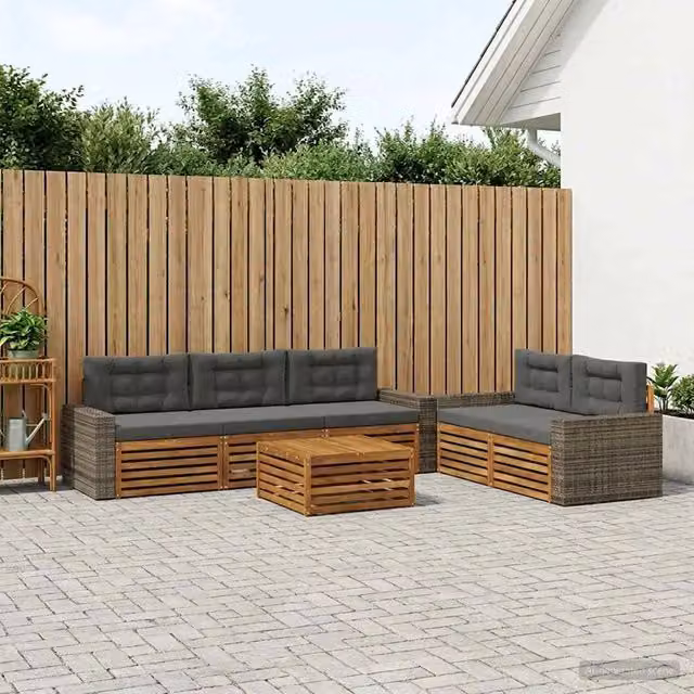 Set di mobili da giardino vidaXL composto da 6 pezzi con divano a L, tavolino e cuscini in tessuto beige e antracite con struttura in legno di acacia – 1