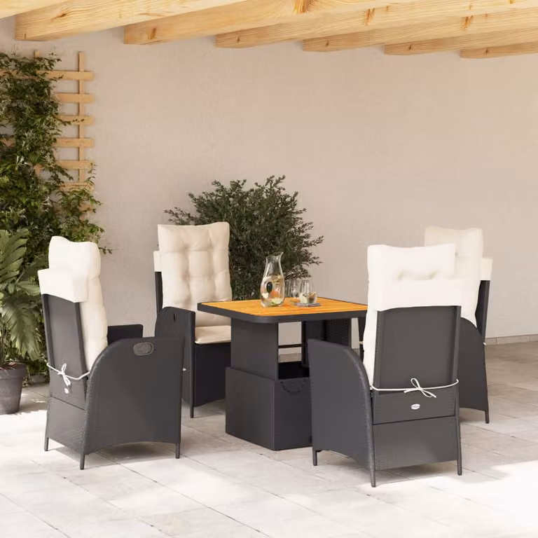 Set da Pranzo da Giardino 5 pz vidaXL in Polyrattan e Legno di Acacia con Cuscini Nero