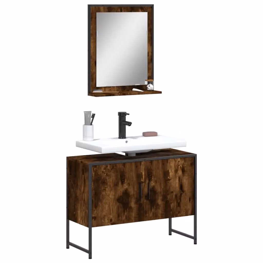 Set Mobili da Bagno Design In composto da Mobile Lavabo e Armadietto Specchio in Legno e Metallo, Colore Marrone – 2