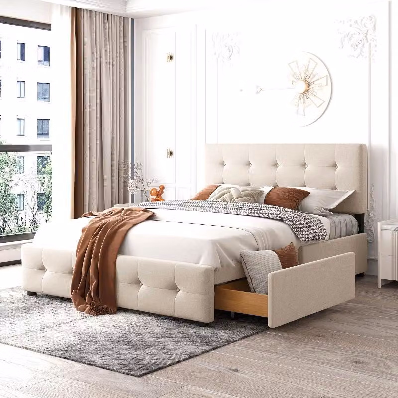 Letto imbottito 140x200 cm con 4 cassetti e rete a doghe, rivestito in velluto color beige, struttura del letto con schienale, ideale per la camera da letto