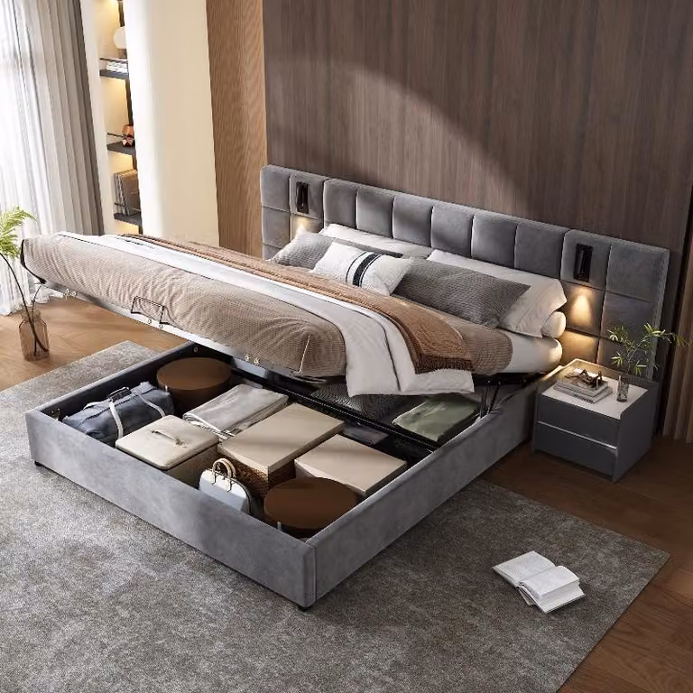 Letto imbottito 180x200 cm, grigio, in velluto, con spazio contenitore a sollevamento idraulico, porta USB e luce da lettura regolabile, ideale per la camera da letto