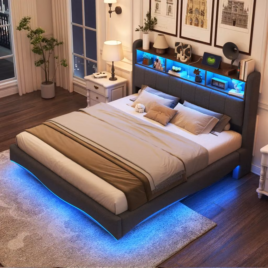 Letto imbottito sospeso WISHDOR in tessuto grigio con illuminazione LED, porte USB e Type-C e scomparti laterali, L/P: 160 x 200 cm – 2