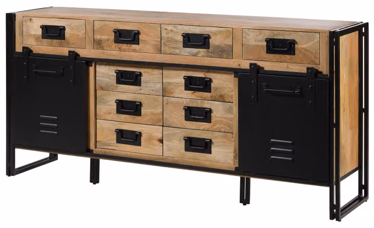 MASSIVMOEBEL24 | Credenza in legno di Mango 195x45x90 laccato chiaro naturale / ferro neroBLACKBURN #109