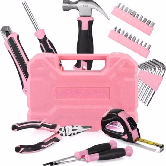Kit di attrezzi professionale da 35 pezzi in acciaio inossidabile con martello, metro, coltello, chiavi e bussole, colore rosa, senza marca
