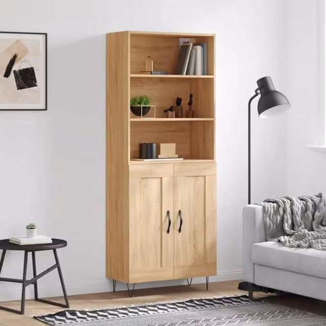 Credenza moderna vidaXL in legno e metallo color rovere, sospesa a parete, L: 69,5 cm, P: 34 cm, H: 180 cm – 1