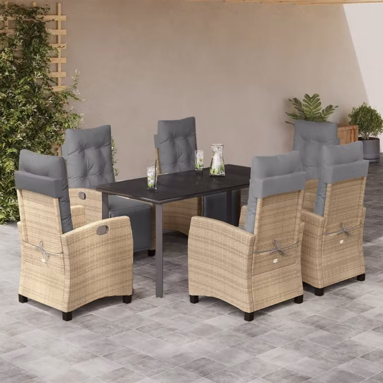 Set Pranzo da Giardino vidaXL in Polyrattan con Cuscini e Tavolo in Vetro, 7 Pezzi, Colore Misto Beige, Nero e Grigio