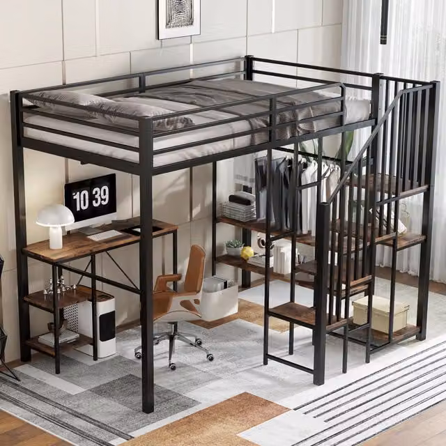 Letto a soppalco MIVRAY con scrivania, scaffali, guardaroba e scala angolare in metallo e MDF nero, L/P/H: 200 x 120 x 208 cm