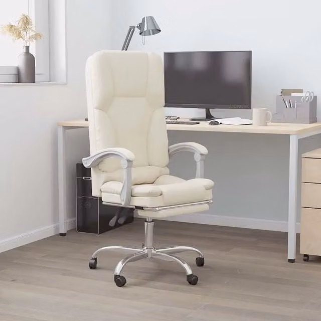 Poltrona da Ufficio Executive Reclinabile e Massaggiante in Similpelle Beige con Poggiatesta e Ruote