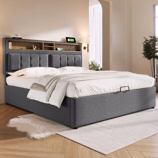 Letto imbottito matrimoniale contenitore ¨C Minimal ¨C Grigio tessuto 160x200 cm con testiera e rete a doghe