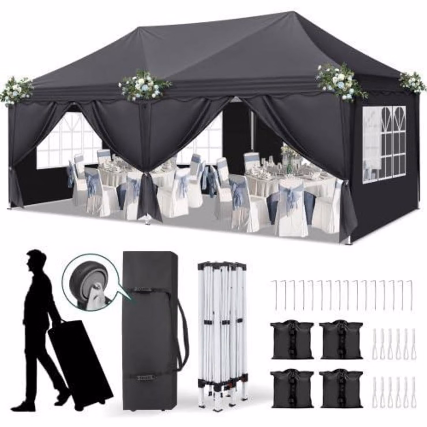 Tenda da festa 3x6 metri, con altezza regolabile, impermeabile, di colore grigio scuro, dotata di 6 pannelli laterali e 4 sacchi di sabbia