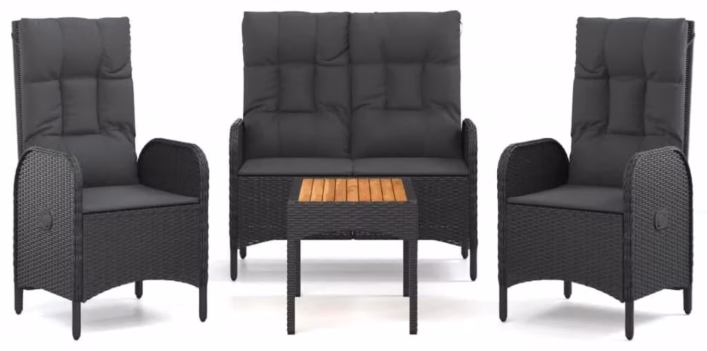 Set da giardino per 4 persone, in rattan sintetico nero, con tavolo in legno di acacia, resistente agli agenti atmosferici