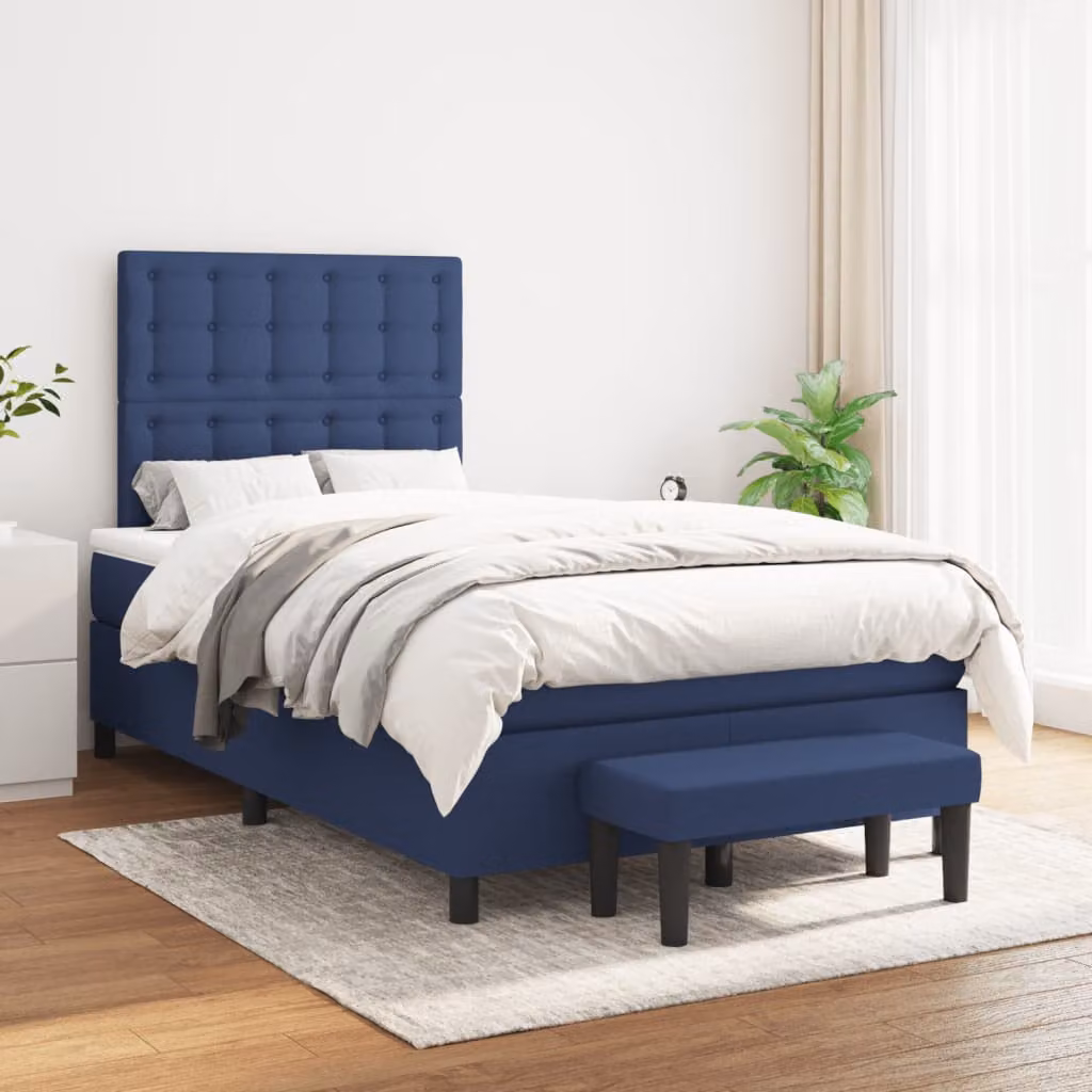 vidaXL Giroletto a Molle Ibrido con Materasso in Tessuto Blu e Bianco L/P/H: 120 x 200 cm – 1