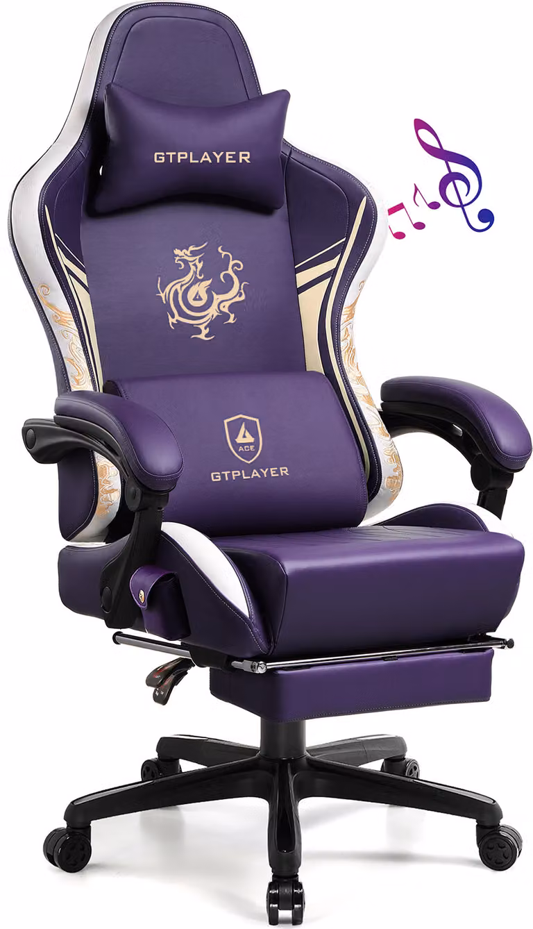 GTPLAYER Sedia da gioco Sedia da gioco con altoparlanti Bluetooth e poggiapiedi, sedia da ufficio serie Dragon, sedia girevole ergonomica, sedia per computer viola