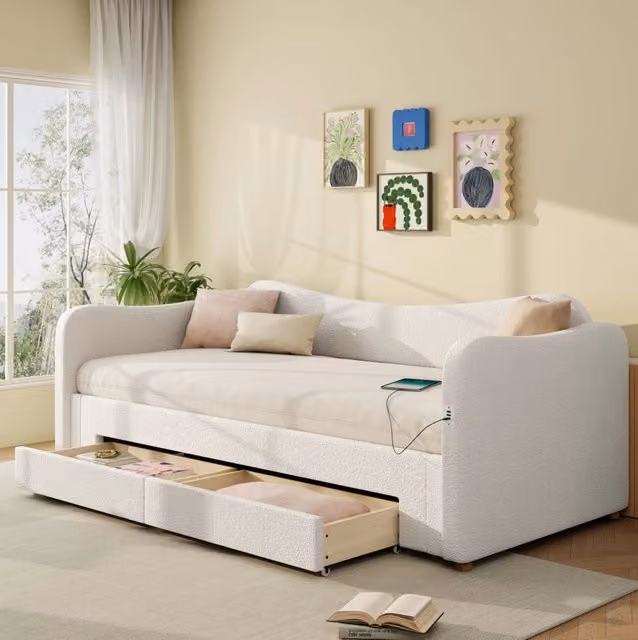 Letto estraibile 90x200 cm estensibile a 180x200 cm con cassetti e porte USB/USB-C in boucl¨¦ beige